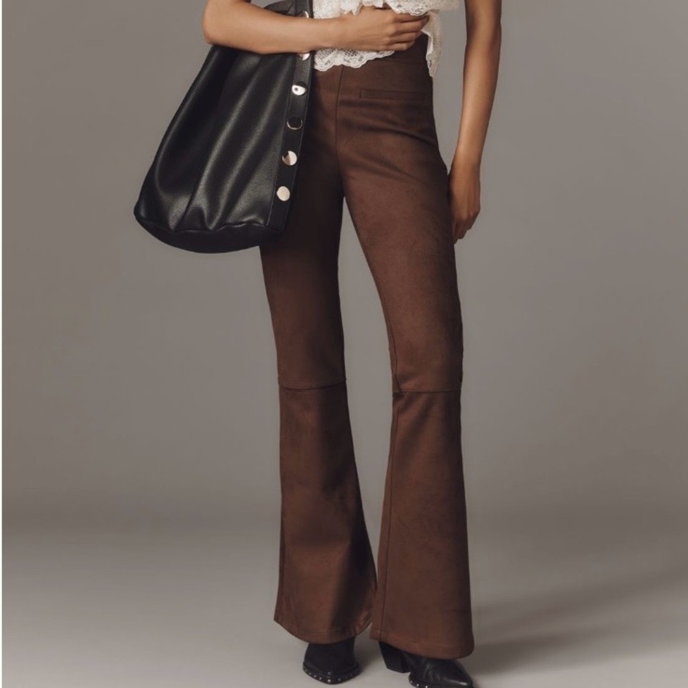 🟠NWT ANTHROPOLOGIE Faux-Suede Flare Pants in Bark (Dark Brown) XL